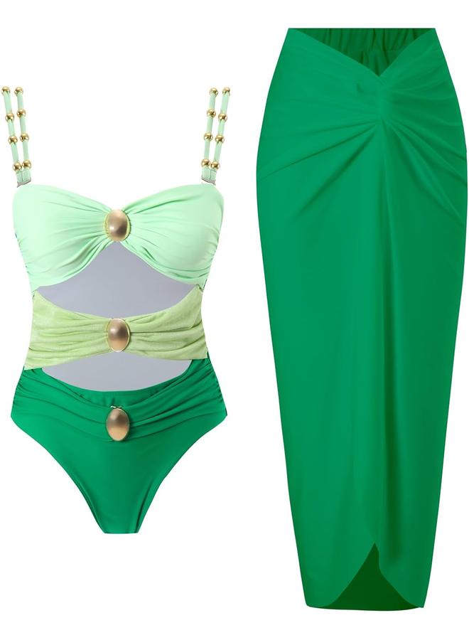 Y&D Women's One Piece Swimsuit with Cover up Set Beach Wrap Skirt Retro Bikini Set Two Piece Bathing Suit with Cover up - Image 1