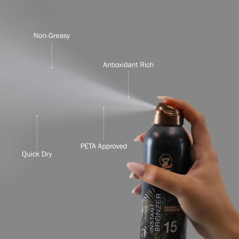 Australian Gold واقٍ من الشمس برذاذ مستمر من أستراليا مع برونزر فوري SPF 15، توهج فوري وجفاف سريع، طيف واسع، مقاوم للماء، غير دهني، خالي من الأوكسي بنزون، خالي من القسوة، 6 أونصات - Image 2