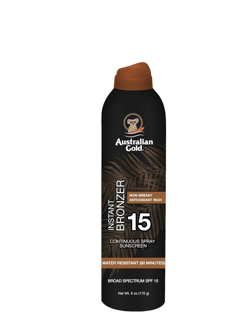 Australian Gold واقٍ من الشمس برذاذ مستمر من أستراليا مع برونزر فوري SPF 15، توهج فوري وجفاف سريع، طيف واسع، مقاوم للماء، غير دهني، خالي من الأوكسي بنزون، خالي من القسوة، 6 أونصات - Image 1