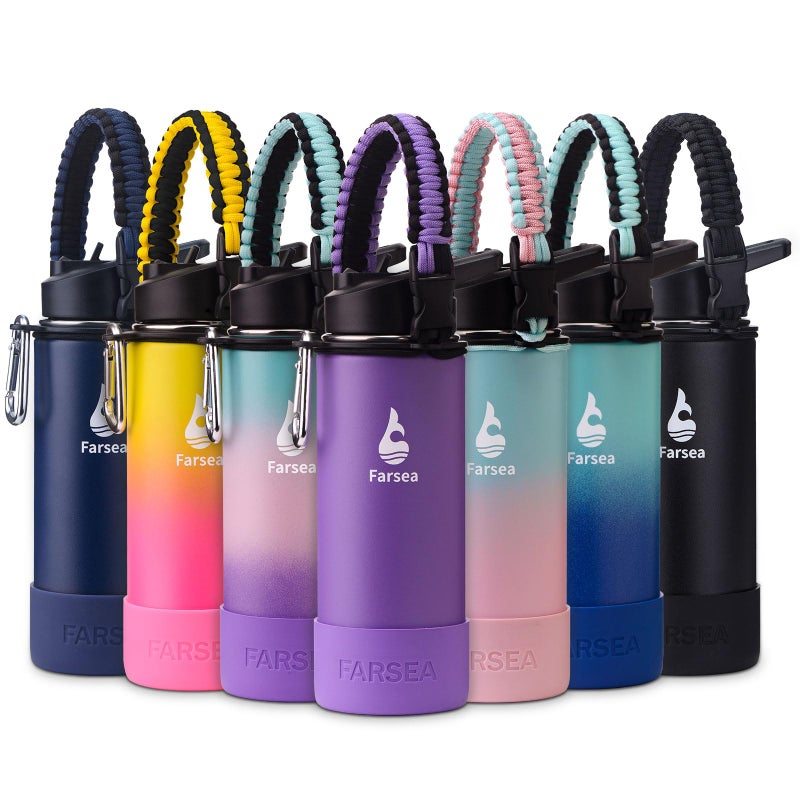 Farsea Insulated Water Bottle With Paracord Handle  Protective Boot and 2 Lids (Straw Lid & Spout Lid)  Stainless Steel Water Bottle Wide Mouth  Double Wall Sweat-Proof BPA-Free  18 oz - Image 1
