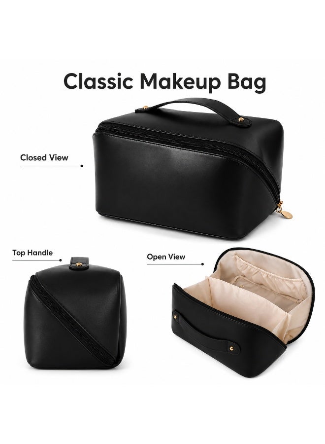 Tanyaz Makeup Bag, Black Cosmetic Organizer Bag, Travel Toiletry Bag with Wide Opening, Handle, Zipper Closure, Inner Compartments for Makeup, Skincare, Daily Use (23*11*11 CM) - Image 2