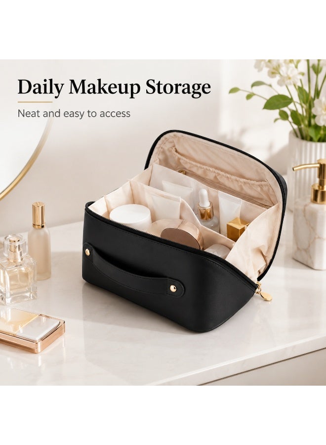 Tanyaz Makeup Bag, Black Cosmetic Organizer Bag, Travel Toiletry Bag with Wide Opening, Handle, Zipper Closure, Inner Compartments for Makeup, Skincare, Daily Use (23*11*11 CM) - Image 5
