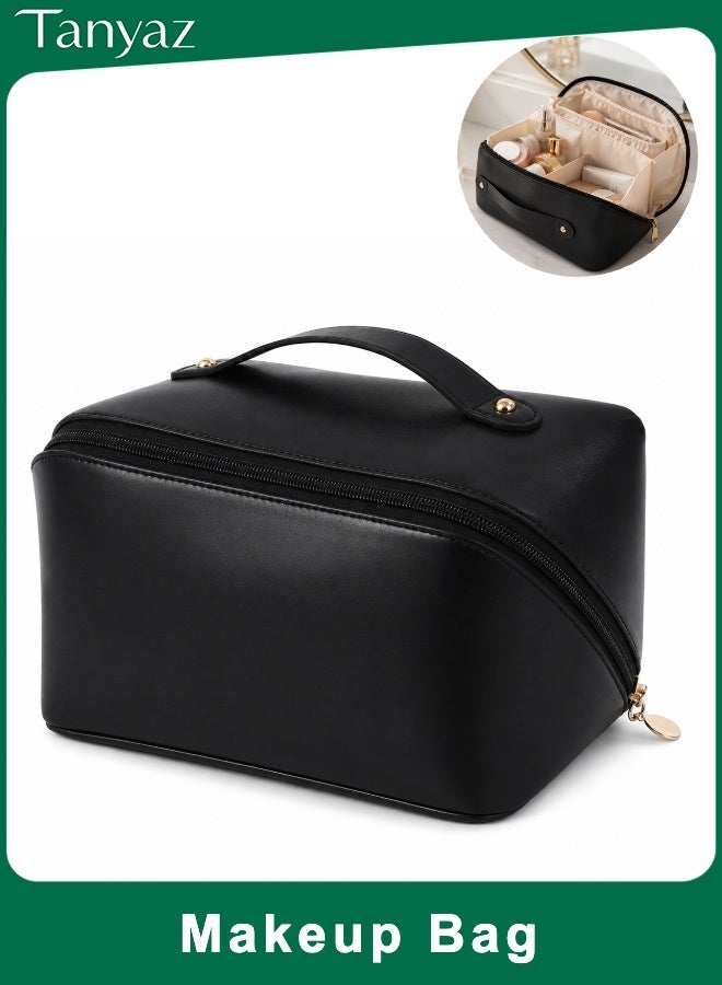 Tanyaz Makeup Bag, Black Cosmetic Organizer Bag, Travel Toiletry Bag with Wide Opening, Handle, Zipper Closure, Inner Compartments for Makeup, Skincare, Daily Use (23*11*11 CM) - Image 1