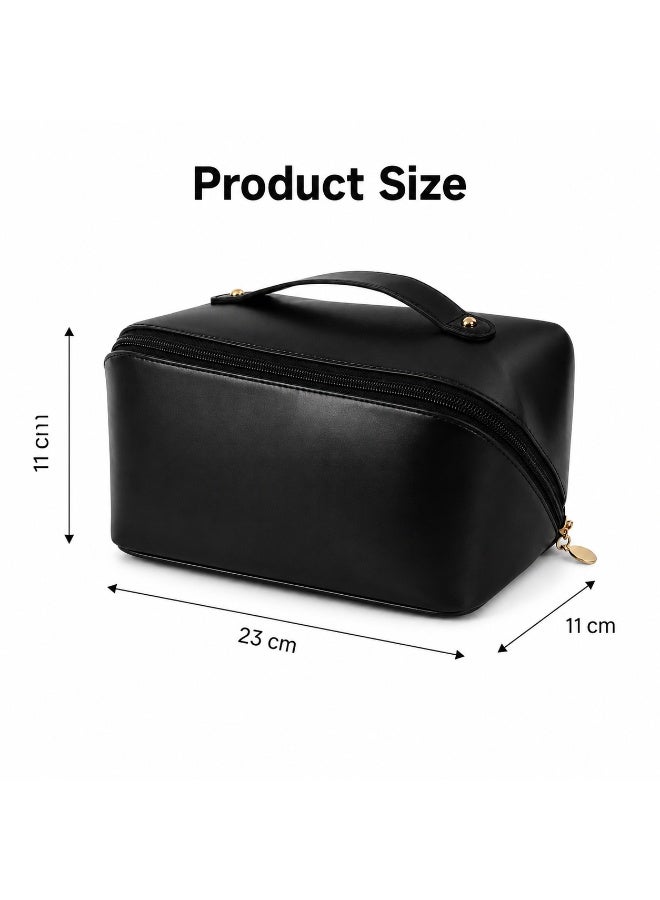 Tanyaz Makeup Bag, Black Cosmetic Organizer Bag, Travel Toiletry Bag with Wide Opening, Handle, Zipper Closure, Inner Compartments for Makeup, Skincare, Daily Use (23*11*11 CM) - Image 3