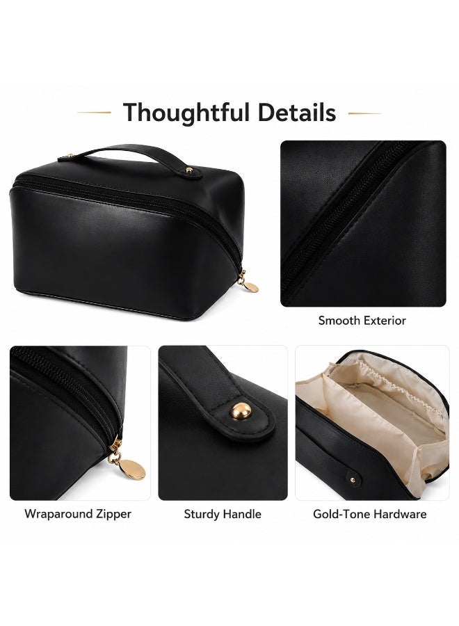 Tanyaz Makeup Bag, Black Cosmetic Organizer Bag, Travel Toiletry Bag with Wide Opening, Handle, Zipper Closure, Inner Compartments for Makeup, Skincare, Daily Use (23*11*11 CM) - Image 4