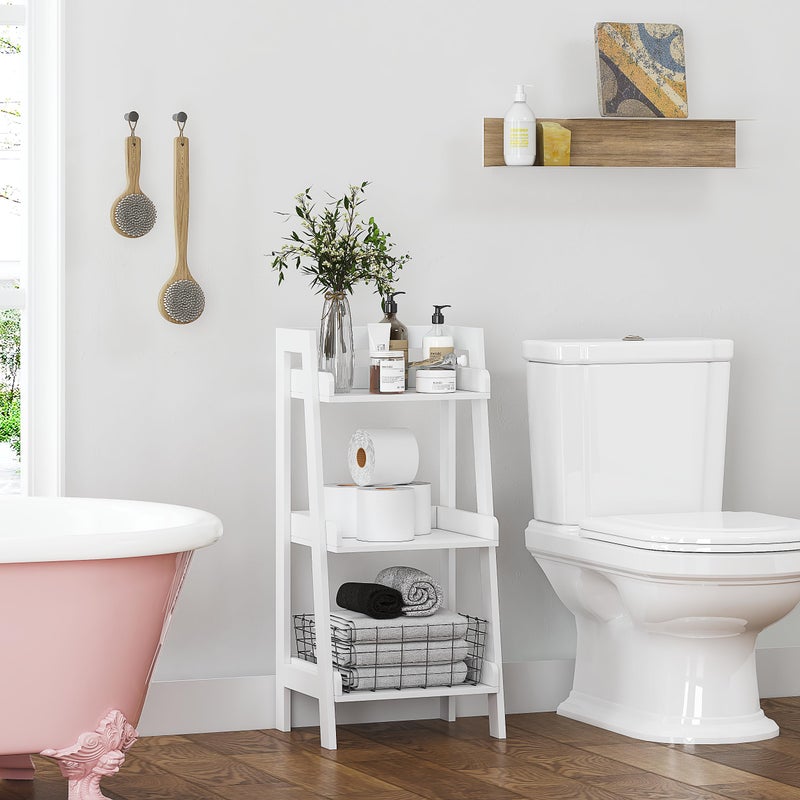 UTEX 3-Tier Ladder Shelf, Bathroom Shelf Freestanding, 3-Shelf Spacesaver Open Wood Shelving Unit, Ladder Shelf (White) - Image 2