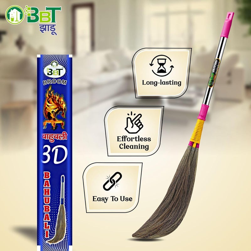 BBT Traditional Phool Jhadu for Home Cleaning – Long Handle Eco-Friendly Grass Broom Stick for Daily Floor Sweeping – Lightweight & Durable (BAHUBALI 3D) - Image 4