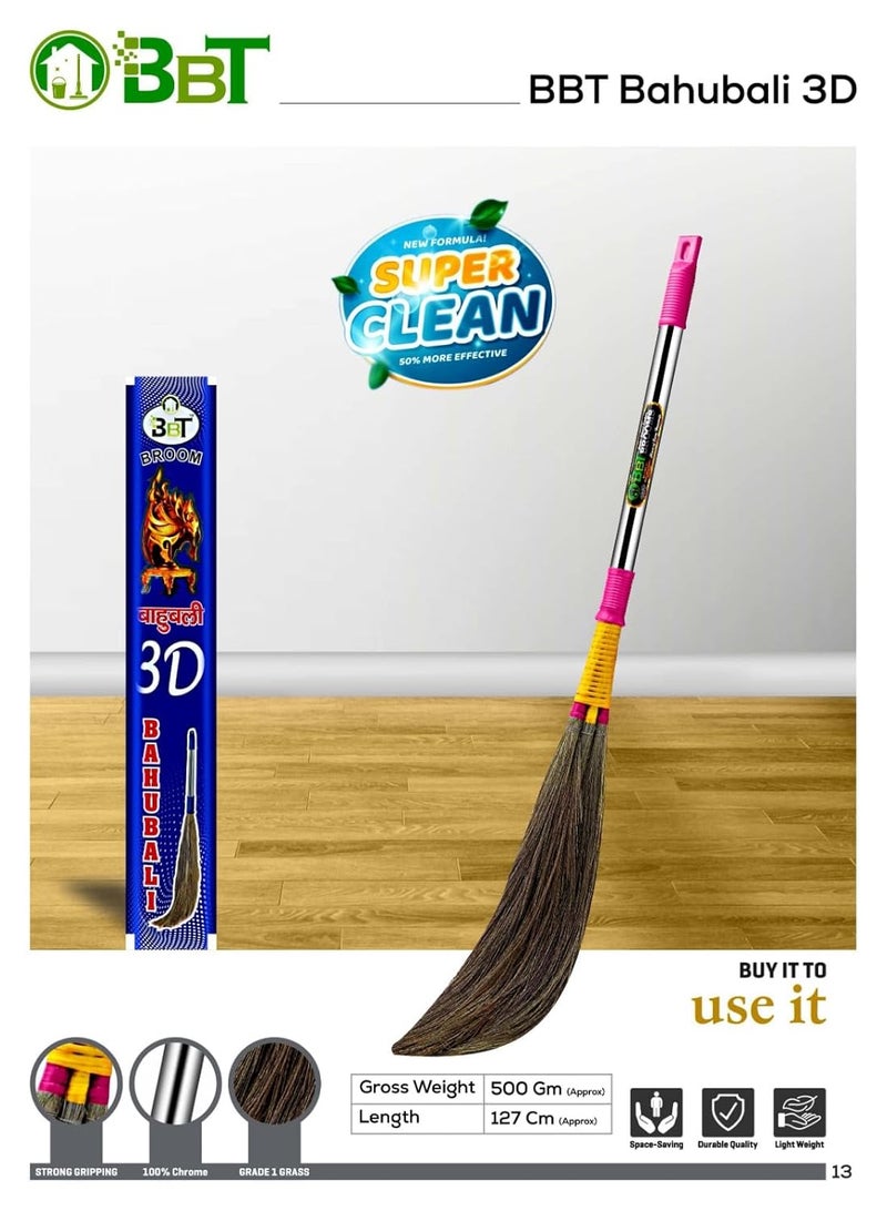 BBT Traditional Phool Jhadu for Home Cleaning – Long Handle Eco-Friendly Grass Broom Stick for Daily Floor Sweeping – Lightweight & Durable (BAHUBALI 3D) - Image 3