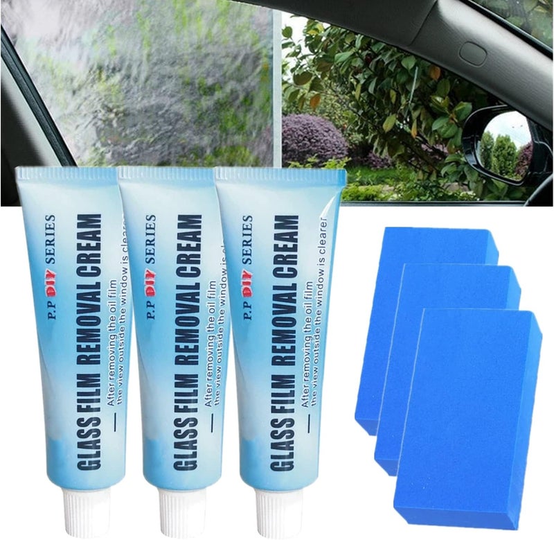 klarako Car Glass Oil Film Cleaner,Glass Oil Film Removing Paste & Sponge,Glass Film Removal Cream,Car Windshield Oil Film Cleaner, Glass Stripper Water Spot Remover Car Paint Oil Film Remover (3 Set) - Image 1