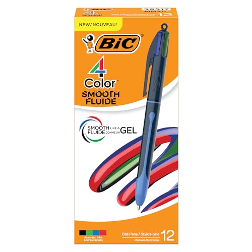 BIC 4 Color Smooth Retractable Ballpoint Pen with Gel-Like Ink and Easy Color Switching, 12-Count in Assorted Ink - Image 1