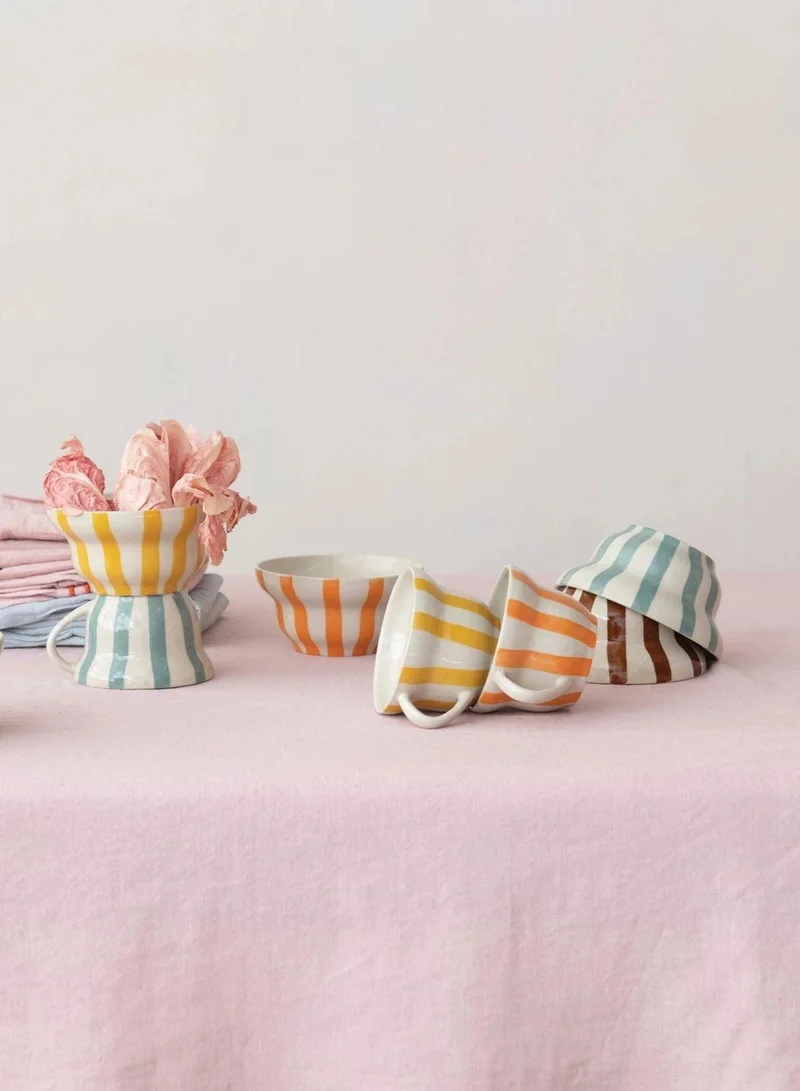 The Saffron Souk 8 oz. Hand-Painted Stoneware Striped Mug - Blue