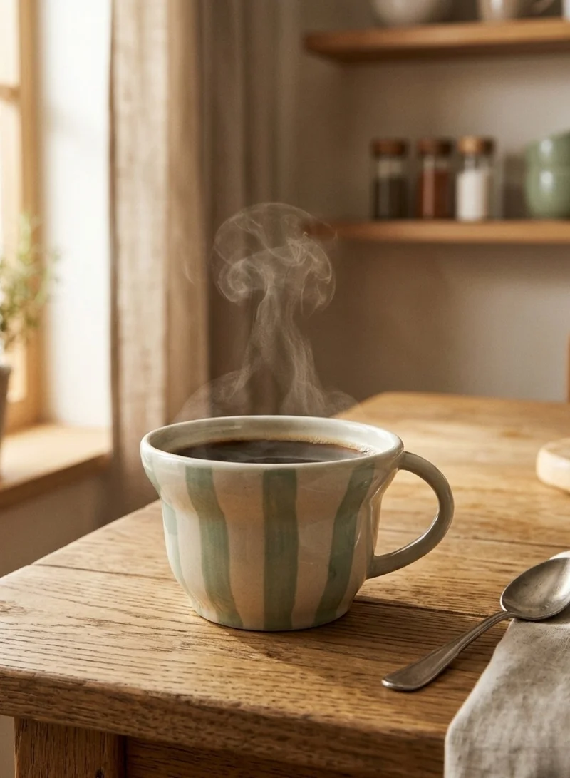 سوق الزعفران كوب فخاري مرسوم يدويًا بخطوط باللون الأزرق (سعة 8 أونصات)