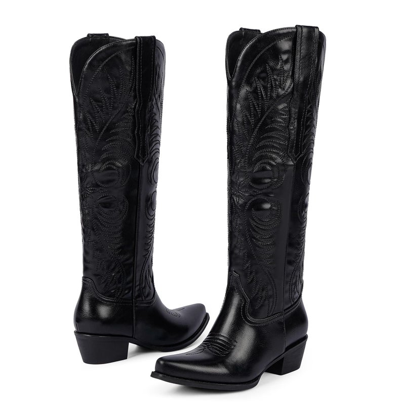 Modatope Black Cowgirl Boots for Women Knee High Western Boots Embroidered Cowboy Boot Pointed Toe Chunky Heel Pull On Wide Calf Tall Boots Size 6.5 - Image 5