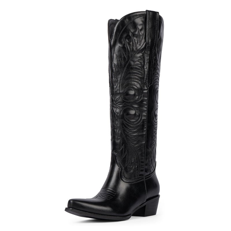 Modatope Black Cowgirl Boots for Women Knee High Western Boots Embroidered Cowboy Boot Pointed Toe Chunky Heel Pull On Wide Calf Tall Boots Size 6.5 - Image 1