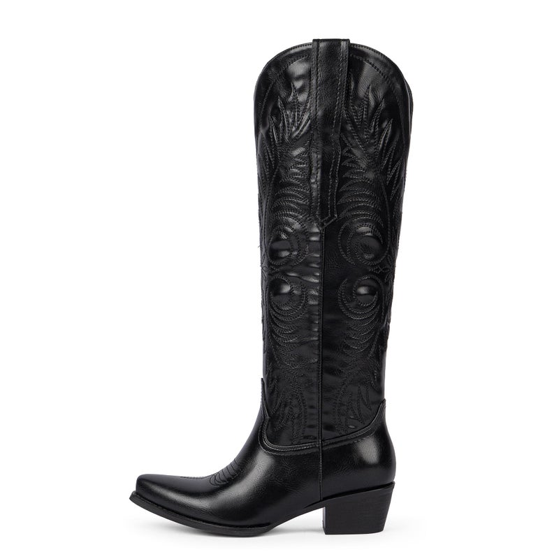 Modatope Black Cowgirl Boots for Women Knee High Western Boots Embroidered Cowboy Boot Pointed Toe Chunky Heel Pull On Wide Calf Tall Boots Size 6.5 - Image 4