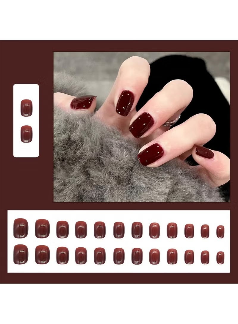 GlamKit 24-Pieces Burgundy Fake Nails, Wearable False Nails, Short Style, Versatile, Removable, No Damage to Nails, Finished Nails - Image 1