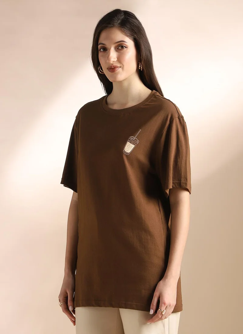 globus Globus Women Brown Round Neck Drop Shoulder Sleeves Graphic Back Print Oversized T-Shirt