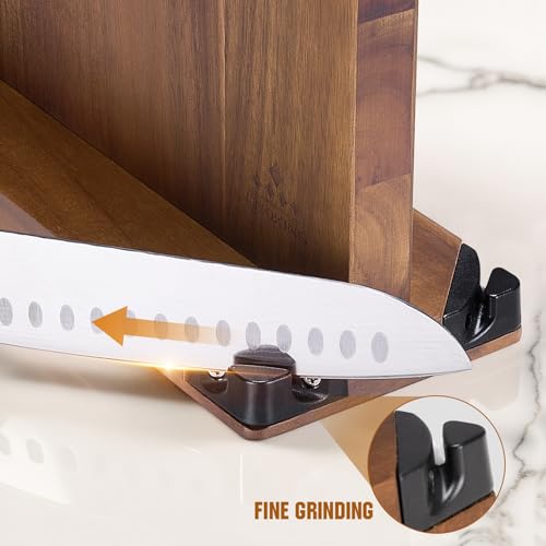 ENOKING 15.2" Extra Large Magnetic Knife Block with Dual Sharpeners, Acacia Wood Knife Holder & Display Stand with Strong Magnets - Image 4