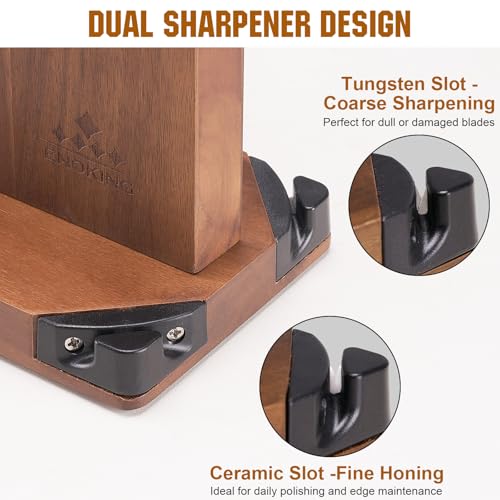 ENOKING 15.2" Extra Large Magnetic Knife Block with Dual Sharpeners, Acacia Wood Knife Holder & Display Stand with Strong Magnets - Image 3