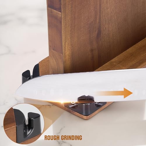ENOKING 15.2" Extra Large Magnetic Knife Block with Dual Sharpeners, Acacia Wood Knife Holder & Display Stand with Strong Magnets - Image 5