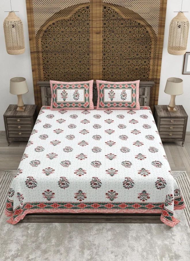 CLOTHOLOGY CLOTHOLOGY Red & Green Floral 180 TC King Bedsheet Set - 2.75 m x 2.25 m
