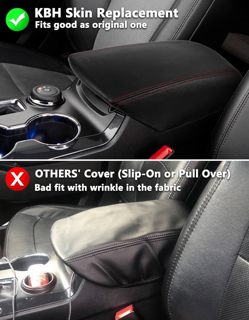 KBH Front Center Console Armrest Cover Replacement for Ford Explorer 2011-2019, Vinyl Leather Arm Rest Skin Upholstery, Anti-Scratch, Black-Red Stitch (Leather Part Only) - Image 4