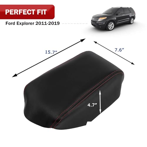 KBH Front Center Console Armrest Cover Replacement for Ford Explorer 2011-2019, Vinyl Leather Arm Rest Skin Upholstery, Anti-Scratch, Black-Red Stitch (Leather Part Only) - Image 5