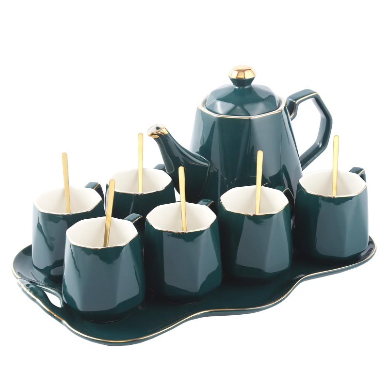 DUJUST 14 pcs Tea Set of 6 with Tray  Spoons Modern Diamond Design TeaCoffee Cup Set with Golden Trim Chic Porcelain Living Room Decor FineChina Teapot Party Set Gift Package  Green