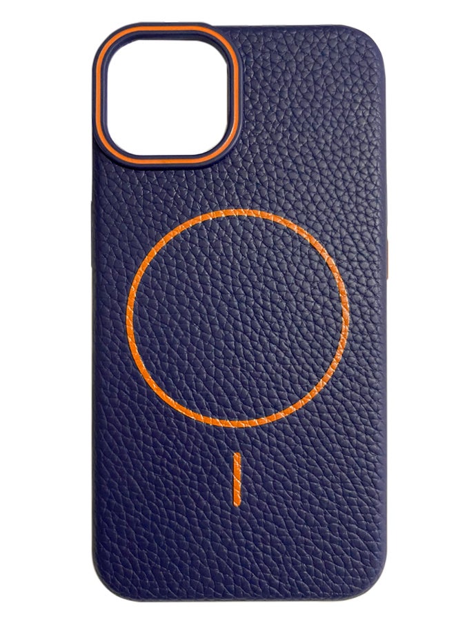 Magsafe Phone Case For iPhone 14 With High Quality Rubber Frame And Slim Lychee Pattern Leather Case with Camera Lens Protection Shockproof Cover And support wireless Charging Leather Cover for iPhone 14 - Blue/Orange - Image 1