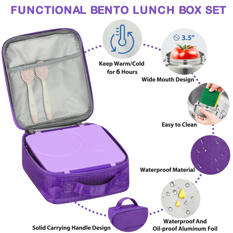Howeemo Bento Lunch Box Set for Kids with 8oz Soup Thermo, Leak-Proof Lunch Containers with 4 Compartment, Kids Thermo Hot Food Jar and Insulated Lunch Bag for Kid to School-Purple - Image 2