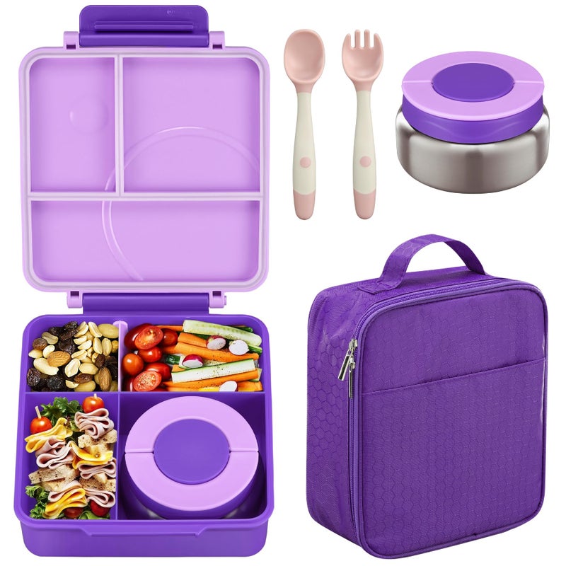 Howeemo Bento Lunch Box Set for Kids with 8oz Soup Thermo, Leak-Proof Lunch Containers with 4 Compartment, Kids Thermo Hot Food Jar and Insulated Lunch Bag for Kid to School-Purple - Image 1