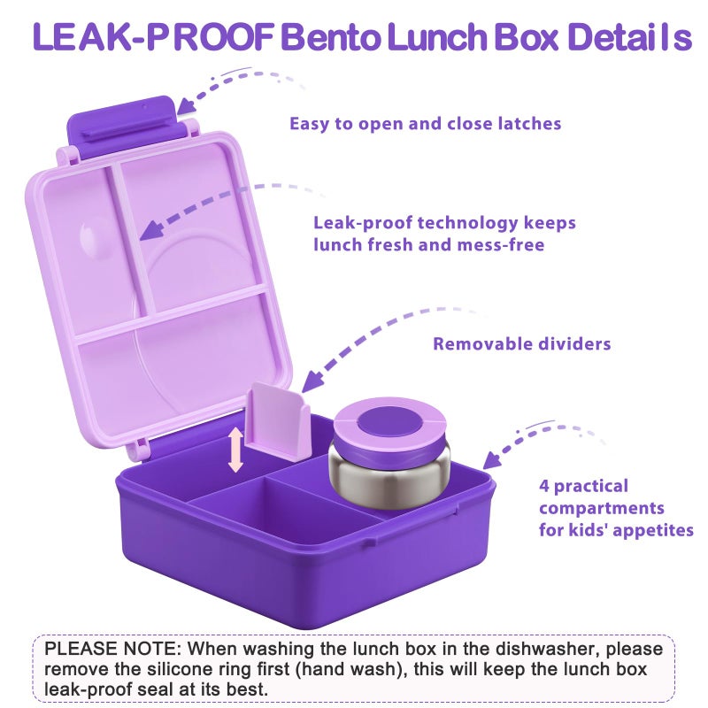 Howeemo Bento Lunch Box Set for Kids with 8oz Soup Thermo, Leak-Proof Lunch Containers with 4 Compartment, Kids Thermo Hot Food Jar and Insulated Lunch Bag for Kid to School-Purple - Image 5
