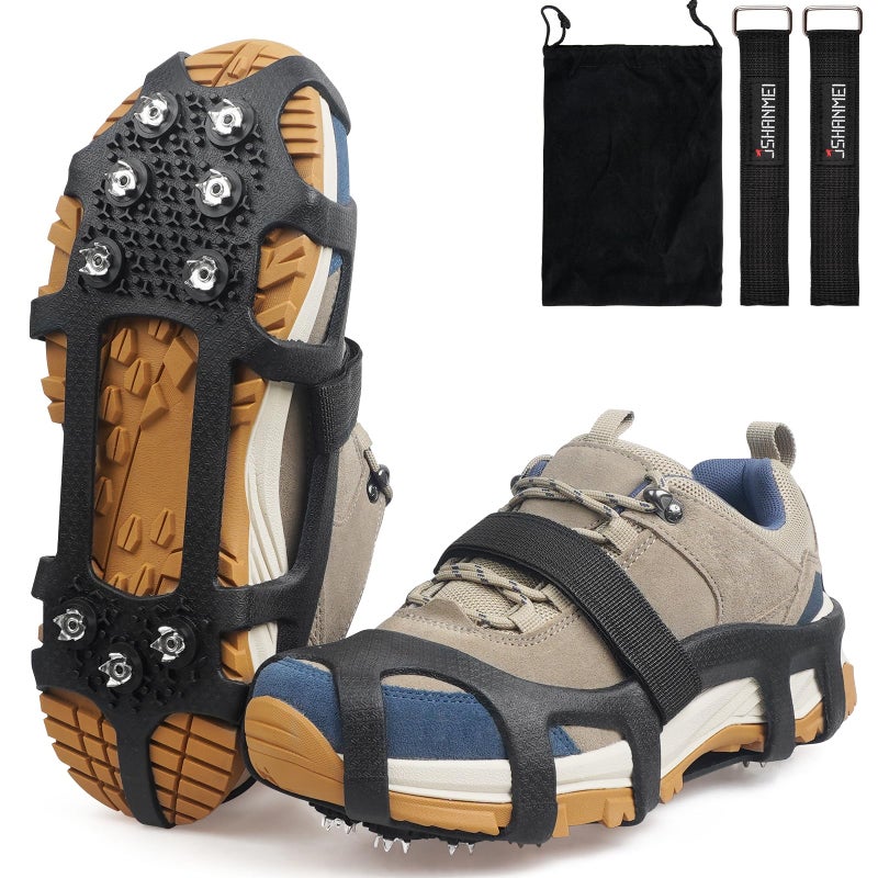 JSHANMEI Ice Cleats for Shoes and Boots, Universal Non Slip Snow Cleats Spikes for Shoes with Straps, Anti Slip Crampons Slip-on Rubber Overshoe Flexible Footwear for Winter Hiking Walking Shoveling - Image 1