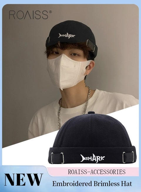 Men's Retro Embroidered Brimless Hat, Shark Pattern Doceker Hat, Streetwear Cool Trendy Black Cap, Adjustable Size