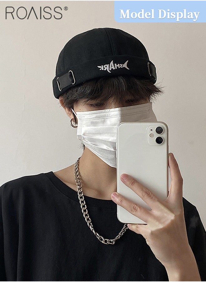 roaiss Men's Retro Embroidered Brimless Hat, Shark Pattern Doceker Hat, Streetwear Cool Trendy Black Cap, Adjustable Size  - Image 2