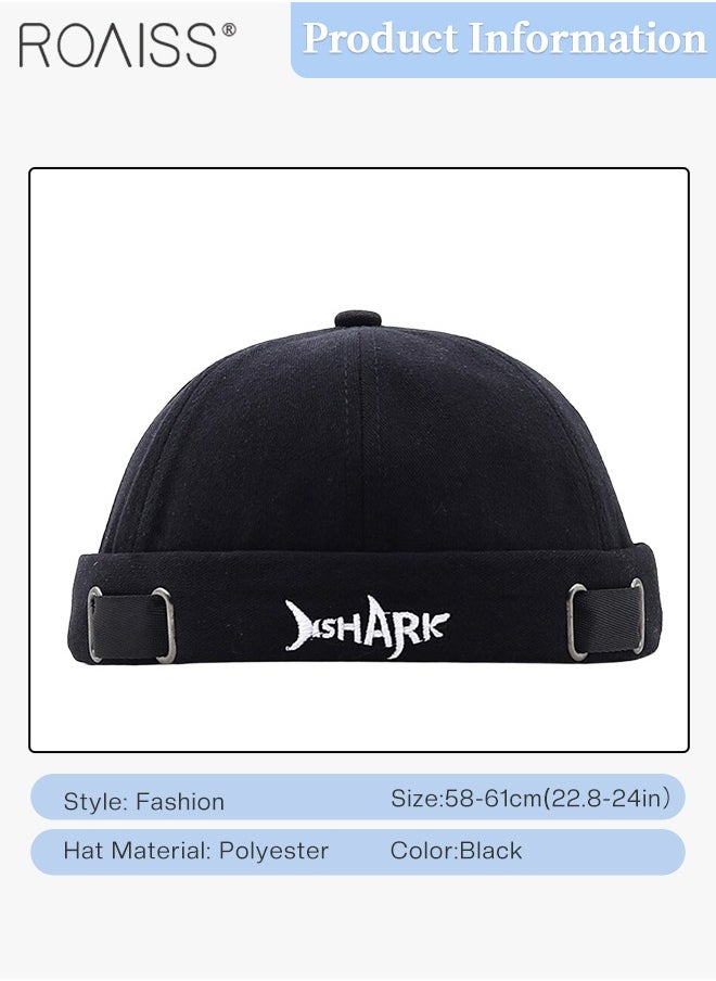 roaiss Men's Retro Embroidered Brimless Hat, Shark Pattern Doceker Hat, Streetwear Cool Trendy Black Cap, Adjustable Size  - Image 3