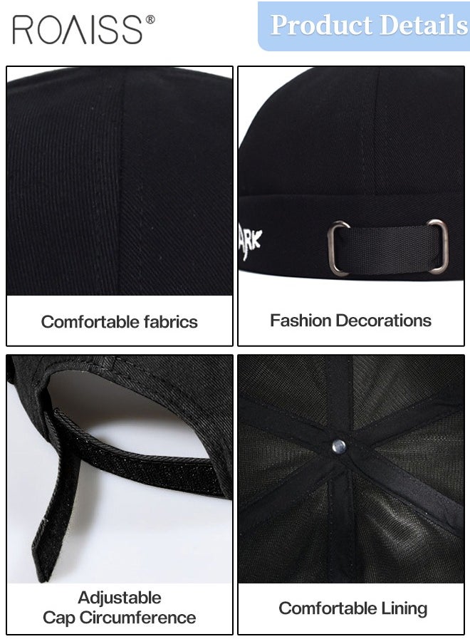 roaiss Men's Retro Embroidered Brimless Hat, Shark Pattern Doceker Hat, Streetwear Cool Trendy Black Cap, Adjustable Size  - Image 4