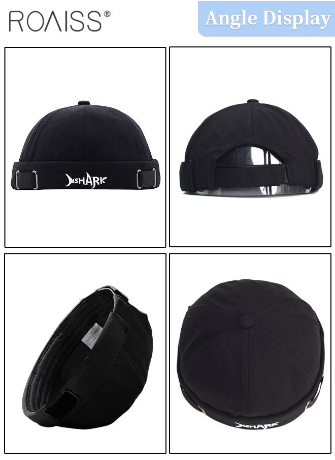roaiss Men's Retro Embroidered Brimless Hat, Shark Pattern Doceker Hat, Streetwear Cool Trendy Black Cap, Adjustable Size  - Image 5