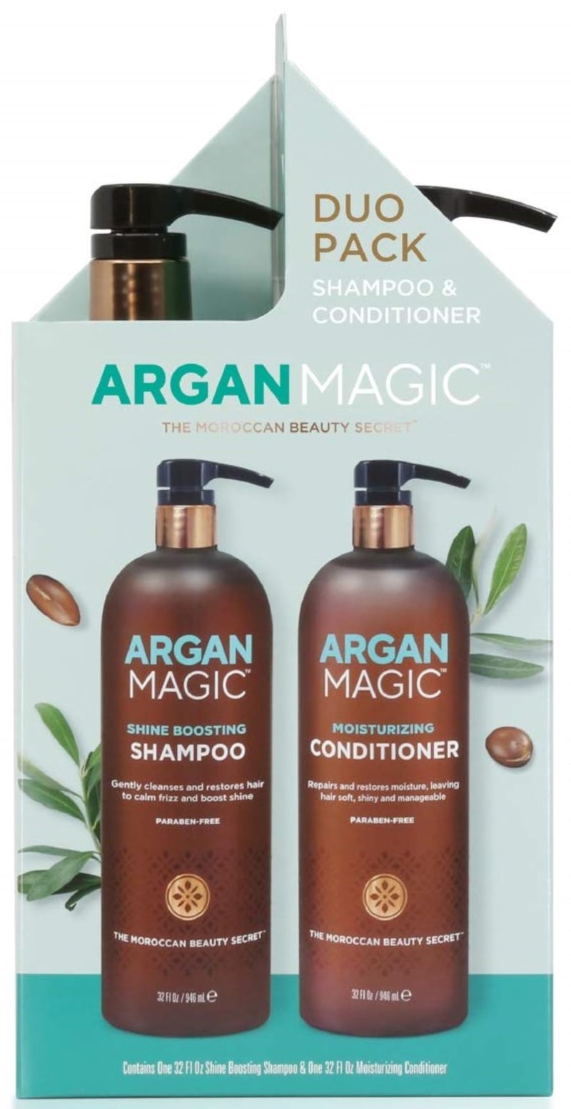 ARGAN MAGIC Argan Magic Shine Boosting Shampoo & Moisturizing Conditioner Duo - Gently Cleanses, Boosts Shine, Controls Frizz, Restores Moisture, Detangles | Made in USA, Paraben Free, Cruelty Free (32 oz) 