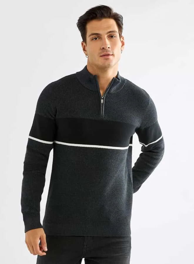 Splash FAV Colourblock High Neck Sweatshirt with Long Sleeves and Zip Closure