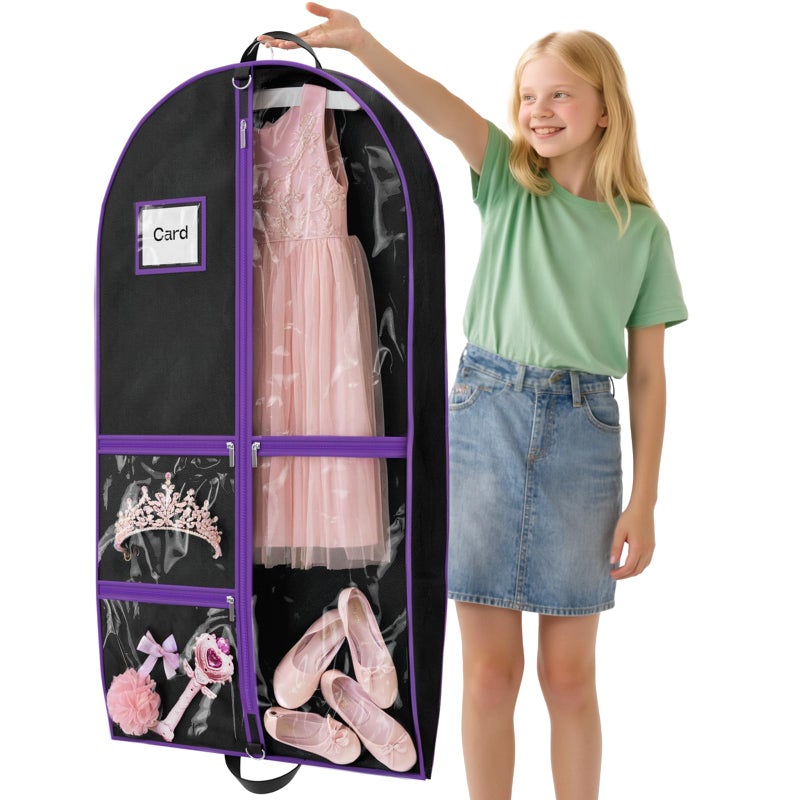 Hopack Dance Garment Bags for Dancers, 40" Garment Bags for Hanging Clothes with 3 Clear Zipper Pockets, Cheer Uniform Garment Bag for Suits, Travel & Sports Jersey, Cheer Uniform (Purple, 1Pack 40") - Image 1