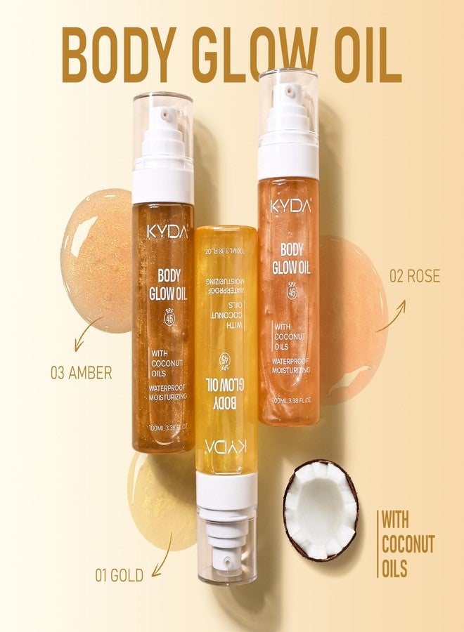 FREEORR Sunscreen Body Glow Oil, Broad Spectrum SPF 45, Lightweight Water Resistant Shimmering Body Oil with Gold Mica, Non-Sticky Glow Moisturizer with Coconut-AMBER, 3.38 fl oz - Image 2