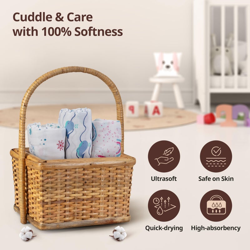 LuvLap 100% Bamboo Cotton Muslin Baby Swaddle Set, Baby Towel, Size-120cm x 100cm (47"x39"), Whale, Rainbow, Cloud Print, 0-18 Month+, Printed Mulmul Muslin Swaddle Wrap for New Born, Pack of 3 - Image 3