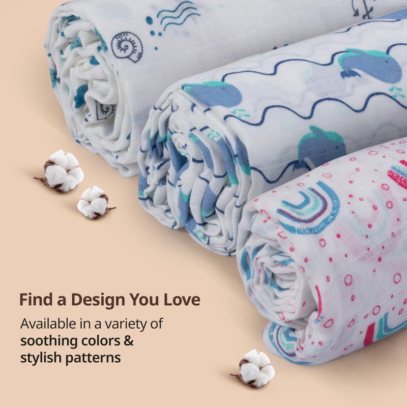 LuvLap 100% Bamboo Cotton Muslin Baby Swaddle Set, Baby Towel, Size-120cm x 100cm (47"x39"), Whale, Rainbow, Cloud Print, 0-18 Month+, Printed Mulmul Muslin Swaddle Wrap for New Born, Pack of 3 - Image 4