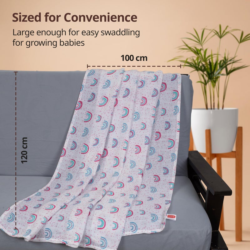 LuvLap 100% Bamboo Cotton Muslin Baby Swaddle Set, Baby Towel, Size-120cm x 100cm (47"x39"), Whale, Rainbow, Cloud Print, 0-18 Month+, Printed Mulmul Muslin Swaddle Wrap for New Born, Pack of 3 - Image 5