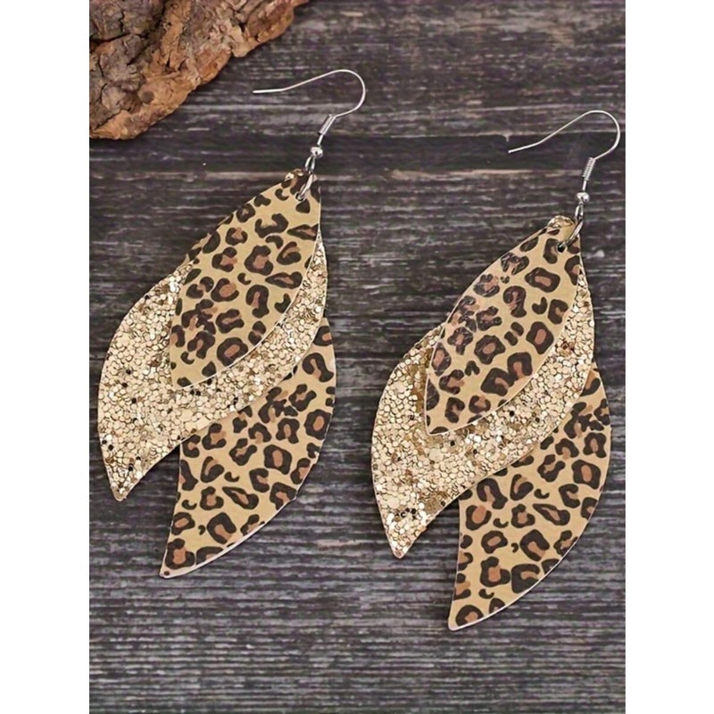 1 Pair New Vintage Leopard Print Layered Faux Leather Sequins  Earrings - Image 5