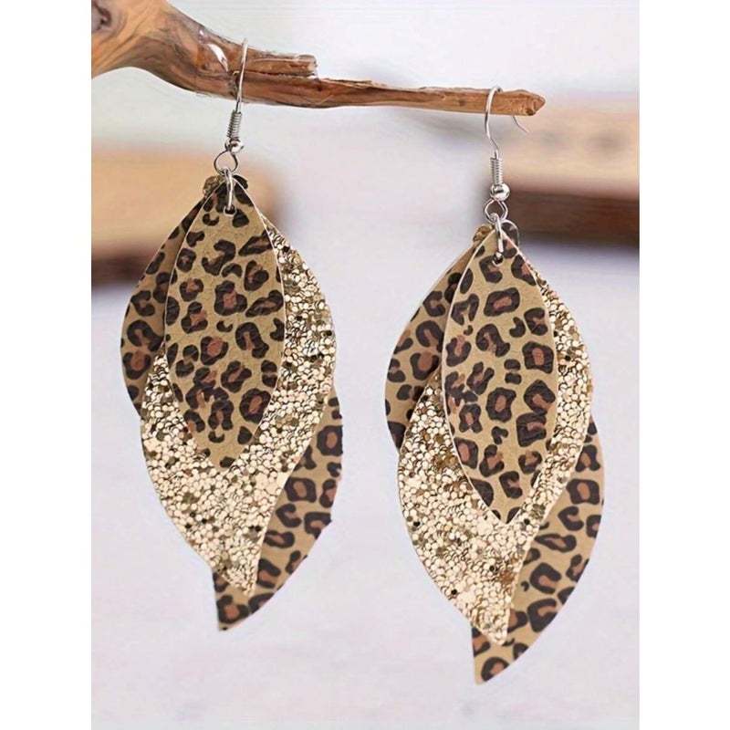 1 Pair New Vintage Leopard Print Layered Faux Leather Sequins  Earrings - Image 2