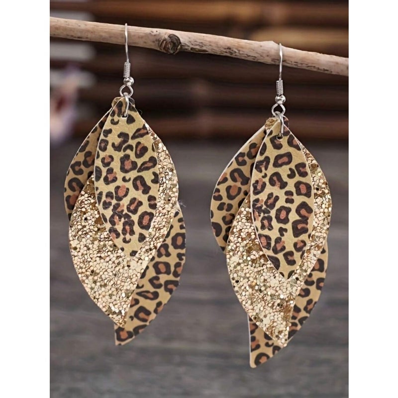 1 Pair New Vintage Leopard Print Layered Faux Leather Sequins  Earrings - Image 3