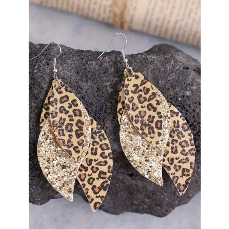 1 Pair New Vintage Leopard Print Layered Faux Leather Sequins  Earrings - Image 4