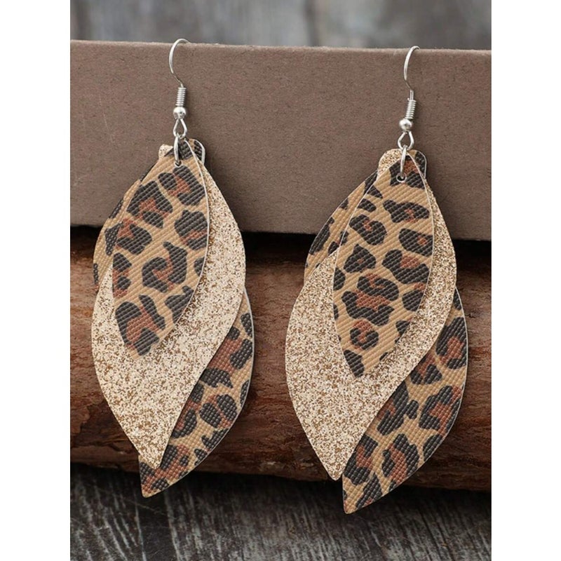 1 Pair New Vintage Leopard Print Layered Faux Leather Sequins  Earrings - Image 1